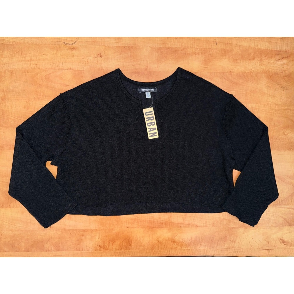 Urban Outfitters Womens Black Cropped Knit Sweater Notch Neck Long Sleeve Large